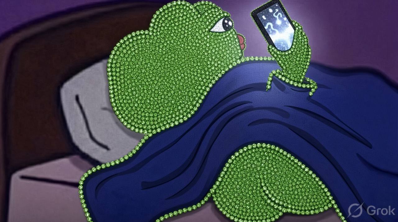 Pepe the frog covered in sparkly green rhinestones, in bed on his phone